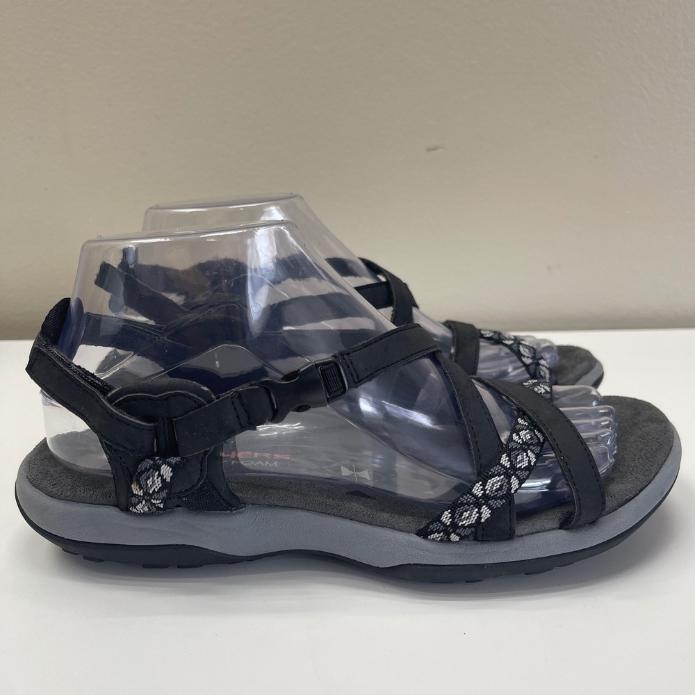 Skechers Reggae Slim Vacay Sandals Womens 8 Black Memory Foam Strappy Sport